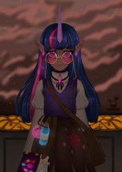 Size: 378x535 | Tagged: safe, artist:inconfortable1, derpibooru import, twilight sparkle, human, bag, better source needed, book, clothes, cutie mark on clothes, elf ears, female, glasses, horn, horned humanization, humanized, needs more jpeg, potion, round glasses, shoulder bag, skirt, solo, vest