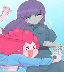 Size: 2959x3338 | Tagged: safe, artist:batipin, derpibooru import, maud pie, pinkie pie, equestria girls, ><, barefoot, big breasts, breasts, eyes closed, eyeshadow, feet, makeup, maud pies, missing shoes, open mouth, pinkie pies, simple background, soles, tackle, tackle hug, toes
