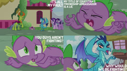 Size: 828x465 | Tagged: safe, derpibooru import, edit, edited screencap, editor:quoterific, screencap, princess ember, spike, starlight glimmer, thorax, twilight sparkle, changedling, changeling, triple threat, king thorax, ponyville