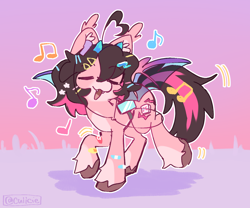 Size: 1200x1000 | Tagged: safe, artist:cuiicie, derpibooru import, oc, oc only, oc:key mash, bat pony, pony, ahoge, bat pony oc, dancing, earbuds, eyes closed, female, hairclip, horns, music notes, phone, singing, solo, spread wings, unshorn fetlocks, wings