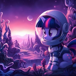 Size: 1024x1024 | Tagged: safe, ai content, derpibooru import, generator:bing image creator, generator:dall-e 3, machine learning generated, twilight sparkle, unicorn twilight, pony, unicorn, astronaut, female, mare, nudity, partial nudity, planet, scenery, solo, space, space helmet, spacesuit, tail