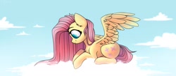 Size: 3000x1310 | Tagged: safe, artist:starlyfly, derpibooru import, fluttershy, pegasus, pony, g4, cloud, eyebrows, female, lying down, mare, on a cloud, profile, prone, sky, solo, spread wings, wings