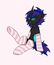 Size: 1316x1580 | Tagged: safe, artist:ashel_aras, derpibooru import, oc, oc only, oc:ashel, changeling, changeling oc, clothes, pink background, simple background, socks, solo, striped socks