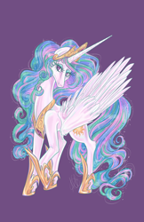 Size: 3300x5100 | Tagged: safe, artist:ashley-the-muffin, derpibooru import, princess celestia, alicorn, pony, g4, absurd resolution, crouching, digital art, ethereal mane, ethereal tail, eyelashes, eyeshadow, feather, female, flowing mane, flowing tail, gem, hoof shoes, horn, large wings, lidded eyes, long horn, long mane, long tail, looking up, makeup, mare, multicolored mane, multicolored tail, peytral, pink eyes, princess shoes, purple background, raised hoof, raised leg, signature, simple background, slim, smiling, solo, sparkles, spine, spread wings, starry mane, starry tail, stars, tail, thin, wings