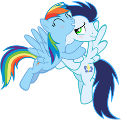 Size: 3450x3442 | Tagged: artist needed, safe, derpibooru import, rainbow dash, soarin', pegasus, pony, blushing, female, flying, hug, male, mare, shipping, simple background, soarindash, stallion, straight, transparent background