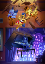 Size: 1403x2000 | Tagged: safe, artist:tsitra360, derpibooru import, blues, braeburn, flash sentry, night light, noteworthy, earth pony, pegasus, pony, unicorn, cello, city, electric guitar, falling, guitar, musical instrument, piano, sofa, the aristocats, trumpet, window