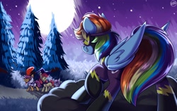 Size: 3000x1900 | Tagged: safe, artist:shadowreindeer, derpibooru import, apple bloom, rainbow dash, scootaloo, sweetie belle, earth pony, pegasus, pony, unicorn, animal costume, chicken suit, clothes, costume, cutie mark crusaders, halloween, hat, holiday, mischievous, moon, prank, scootachicken, shadowbolts, shadowbolts costume, tree, witch hat