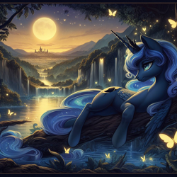 Size: 1024x1024 | Tagged: safe, ai content, derpibooru import, generator:dall-e 3, machine learning generated, princess luna, alicorn, butterfly, city, crown, female, full moon, jewelry, lying down, mare, modern art, moon, mountain, mountain range, night, night sky, nouveau, on side, regalia, scenery, scenery porn, sky, solo, tree, water, waterfall