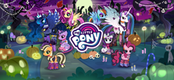 Size: 1666x768 | Tagged: safe, derpibooru import, applejack, fluttershy, pinkie pie, princess celestia, princess luna, rainbow dash, rarity, twilight sparkle, twilight sparkle (alicorn), alicorn, earth pony, pegasus, pony, unicorn, candle, candy, candy cane, clothes, costume, female, food, gameloft, halloween, holiday, jack-o-lantern, leaf, loading screen, mane six, mare, moon, mushroom, my little pony logo, my little pony: magic princess, night, official, path, pumpkin, skull, spider web, tree