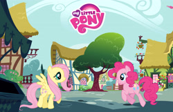 Size: 5100x3300 | Tagged: safe, derpibooru import, fluttershy, pinkie pie, earth pony, pegasus, pony, g4, cloud, duo, female, gameloft, high res, mare, my little pony logo, my little pony: magic princess, official, ponyville, tree, wallpaper