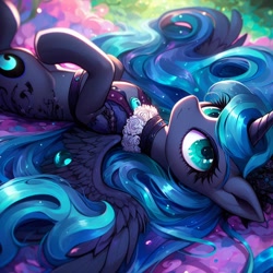 Size: 1024x1024 | Tagged: safe, ai content, derpibooru import, machine learning generated, princess luna, alicorn, pony, female, lying down, mare, on back, solo