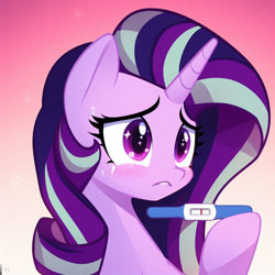 Size: 1024x1024 | Tagged: safe, ai content, derpibooru import, editor:lostbrony, machine learning generated, starlight glimmer, pony, unicorn, blushing, crying, female, gradient background, horn, mare, pregnancy test, solo, wrong eye color