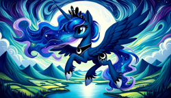 Size: 1792x1024 | Tagged: safe, ai content, derpibooru exclusive, derpibooru import, generator:dall-e 3, machine learning generated, princess luna, alicorn, pony, g4, 16:9, cloud, female, forest, grass, horn, jewelry, lake, mare, moon, mountain, night, night sky, psychedelic, regalia, sky, solo, spread wings, wallpaper, water, wings