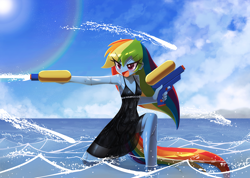 Size: 1200x853 | Tagged: safe, artist:howxu, derpibooru import, rainbow dash, equestria girls, bare shoulders, black dress, clothes, commission, dress, ocean, open mouth, sleeveless, water, watergun, wet, wet clothes