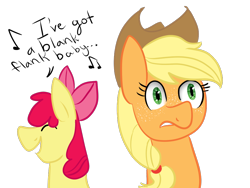 Size: 1024x768 | Tagged: safe, artist:leftshark, derpibooru import, apple bloom, applejack, earth pony, pony, apple sisters, eyes closed, female, filly, foal, mare, music notes, siblings, simple background, singing, sisters, text, transparent background