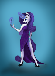 Size: 1568x2160 | Tagged: safe, artist:pony-stark, derpibooru import, rarity, anthro, unicorn, g4, clothes, dress, evening dress, magic, solo