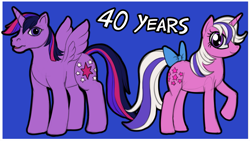 Size: 1487x841 | Tagged: safe, derpibooru import, twilight, twilight sparkle, twilight sparkle (alicorn), alicorn, pony, unicorn, g1, g4, 40th anniversary, duo, female, g1 to g4, g4 to g1, generation leap, mare, mlp fim's thirteenth anniversary, simple background, sketch, text
