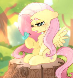 Size: 793x848 | Tagged: safe, artist:mosh_piit, derpibooru import, fluttershy, butterfly, pegasus, pony, butterfly on hoof, chest fluff, colored eyebrows, crying, ears, female, floppy ears, insect on someone, log, mare, sad, sitting, solo, spread wings, sunlight, tree stump, watermark, wings