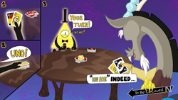 Size: 1920x1080 | Tagged: safe, artist:sallyso, derpibooru import, discord, draconequus, bill cipher, blue, bowtie, breaking the fourth wall, card, draw 4, fourth wall, gravity falls, green, hat, hehe, jojo's bizarre adventure, laughing, meme, red, steps, to be continued, to be continued (meme), top hat, triangle, uno, yellow