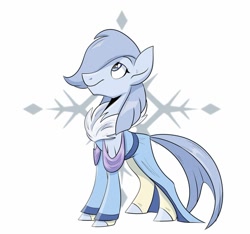 Size: 1100x1031 | Tagged: safe, artist:askometa, derpibooru import, oc, oc only, earth pony, pony, blue coat, blue eyes, clothes, colored, fur, looking up, one eye covered, ponified, simple background, snow, snowflake, solo, species swap, standing, white background