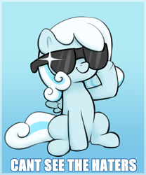 Size: 1608x1931 | Tagged: safe, artist:heretichesh, derpibooru import, oc, oc only, oc:snowdrop, pegasus, pony, blind, blind joke, can't see the haters, female, filly, foal, gradient background, meme, smiling, solo, sunglasses, text, we are going to hell