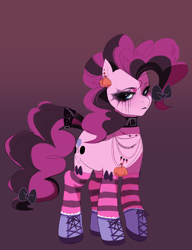 Size: 1658x2161 | Tagged: safe, artist:aztrial, derpibooru import, pinkie pie, earth pony, pony, g4, boots, bow, choker, closed mouth, clothes, collar, ear piercing, earring, emo, eyeshadow, female, frown, gameloft interpretation, hair bow, jewelry, lipstick, looking at you, makeup, mare, necklace, piercing, purple background, shoes, simple background, socks, solo, standing, stockings, striped socks, tail, tail bow, thigh highs