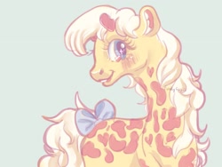 Size: 1600x1200 | Tagged: safe, artist:erieillustrates, derpibooru import, giraffe, g1, 2022, blushing, bow, creamsicle (g1), female, signature, simple background, smiling, solo, starry eyes, tail, tail bow, wingding eyes