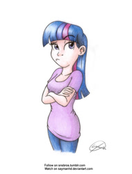 Size: 690x907 | Tagged: safe, artist:vesmirart, derpibooru import, twilight sparkle, human, crossed arms, eyebrows, female, humanized, raised eyebrow, simple background, solo, traditional art, white background