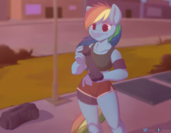 Size: 1280x1000 | Tagged: safe, artist:vesmirart, derpibooru import, rainbow dash, anthro, armband, athletic tape, bag, clothes, duffle bag, female, no tail, shorts, solo, sports bra, sports shorts, wingless, wingless anthro