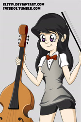 Size: 1280x1920 | Tagged: safe, artist:vesmirart, derpibooru import, octavia melody, human, bow (instrument), bowtie, cello, cello bow, clothes, female, gray background, humanized, musical instrument, shirt, shorts, simple background, solo, vest