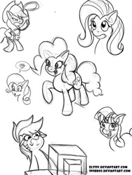 Size: 720x960 | Tagged: safe, artist:vesmirart, derpibooru import, applejack, fluttershy, pinkie pie, rainbow dash, rarity, twilight sparkle, unicorn twilight, earth pony, pony, unicorn, bipedal, bust, computer, gem, grayscale, lasso, leaning, leaning back, mane six, missing horn, monitor, monochrome, open mouth, open smile, pictogram, raised hoof, raised leg, rope, shocked, shocked expression, sketch, sketch dump, smiling, speech bubble