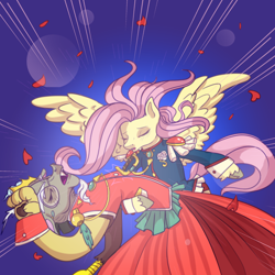 Size: 890x890 | Tagged: safe, alternate version, artist:erieillustrates, derpibooru import, discord, fluttershy, draconequus, pegasus, pony, g4, scare master, action lines, anime, clothes, cosplay, costume, couple, crossdressing, crossplay, crown, discoshy, eyes closed, faint, female, flower, glasses, horns, jewelry, male, mare, open mouth, otakushy, regalia, revolutionary girl utena, rose, shipping, spread wings, straight, tail, wings