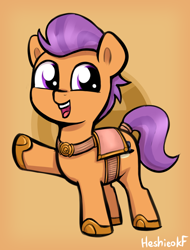 Size: 966x1268 | Tagged: safe, artist:heretichesh, derpibooru import, tender taps, earth pony, pony, colt, cute, foal, hoof shoes, male, open mouth, open smile, orange background, saddle, signature, simple background, smiling, solo, tack