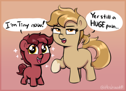 Size: 1994x1455 | Tagged: safe, artist:heretichesh, derpibooru import, oc, oc only, oc:peanut toffy, oc:raspberry toffy, earth pony, pony, dialogue, duo, female, filfil, filly, foal, gradient background, signature, smol, sparkles, speech bubble