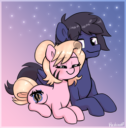 Size: 1734x1746 | Tagged: safe, artist:heretichesh, derpibooru import, oc, oc only, oc:fenris ebonyglow, oc:kara waypoint, earth pony, pony, cuddling, eyes closed, female, gradient background, lying down, male, mare, oc x oc, prone, shipping, smiling, stallion, straight