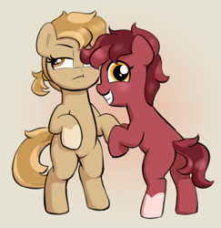 Size: 1647x1692 | Tagged: safe, artist:heretichesh, derpibooru import, oc, oc only, oc:peanut toffy, oc:raspberry toffy, earth pony, pony, bipedal, butt, duo, female, filly, foal, grin, looking at you, looking back, looking back at you, plot, smiling