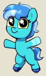 Size: 1024x1680 | Tagged: safe, artist:heretichesh, derpibooru import, oc, oc only, oc:saltwater toffy, earth pony, pony, bipedal, cute, eye clipping through hair, female, filly, foal, freckles, looking at you, roller skates, simple background, skates, smiling, smiling at you, solo, tan background