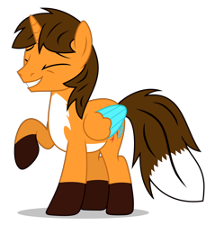 Size: 4060x4433 | Tagged: safe, artist:creedyboy124, derpibooru import, oc, oc only, oc:ej, alicorn, pony, colored wings, eyes closed, fox tail, laughing, male, multicolored wings, simple background, solo, tail, transparent background, wings