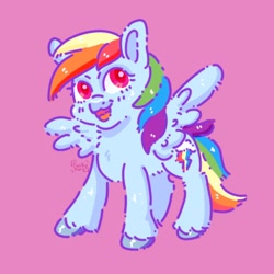 Size: 1668x1668 | Tagged: safe, artist:erieillustrates, derpibooru import, rainbow dash, pegasus, pony, g4, blush lines, blushing, female, looking up, mare, open mouth, open smile, pink background, signature, simple background, smiling, solo, spread wings, tail, unshorn fetlocks, wings