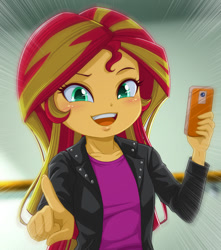 Size: 883x1000 | Tagged: safe, artist:uotapo, derpibooru import, sunset shimmer, human, equestria girls, blushing, cellphone, clothes, cute, female, jacket, leather, leather jacket, open mouth, open smile, phone, pointing at you, shimmerbetes, shirt, smartphone, smiling, solo, uotapo is trying to murder us
