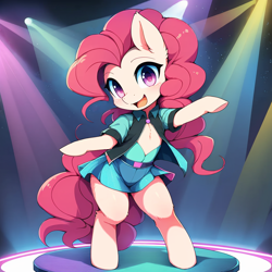 Size: 1024x1024 | Tagged: safe, ai content, derpibooru import, machine learning generated, pinkie pie, earth pony, pony, clothes, dancing, female, looking at you, smiling, solo