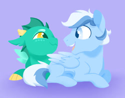 Size: 705x554 | Tagged: safe, artist:ketumii, derpibooru import, oc, oc only, oc:blue jay, oc:cress, hybrid, pony, colt, dragonling, duo, foal, interspecies offspring, lying down, male, offspring, parent:dumbbell, parent:princess ember, parent:rainbow dash, parent:thorax, parents:dumbdash, parents:embrax, prone, purple background, simple background