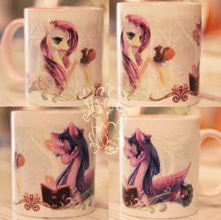 Size: 1024x1020 | Tagged: safe, artist:tzulin520, derpibooru import, fluttershy, twilight sparkle, twilight sparkle (alicorn), alicorn, pegasus, pony, squirrel, book, craft, duo, female, irl, mare, mug, photo, reading