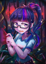 Size: 1770x2472 | Tagged: safe, artist:tzc, derpibooru import, sci-twi, sunset shimmer, twilight sparkle, human, equestria girls, legend of everfree, blushing, camp everfree outfits, clothes, duo, duo female, female, forest, glasses, high res, offscreen character, open mouth, ponytail, shirt, shirt pull, solo focus, sweat, teary eyes, tree