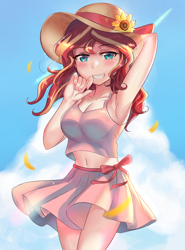 Size: 1150x1550 | Tagged: safe, artist:tzc, derpibooru import, sunset shimmer, human, adorasexy, anime, arm behind head, armpits, beautiful, belly button, breasts, clothes, cute, female, flower, hat, humanized, looking at you, midriff, moe, ribbon, sexy, shimmerbetes, skirt, smiling, solo, stupid sexy sunset shimmer, summer, sun hat, sunflower, sunset jiggler