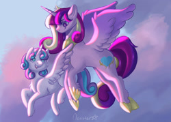 Size: 2427x1733 | Tagged: safe, artist:noristar17, derpibooru import, princess cadance, princess flurry heart, alicorn, pony, chest fluff, duo, female, filly, filly flurry heart, flying, foal, mare, mother and child, mother and daughter, older, older flurry heart, parent and child