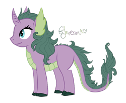 Size: 775x633 | Tagged: safe, artist:littlelime, derpibooru import, oc, oc only, oc:effervencent, dracony, hybrid, unicorn, earfins, female, interspecies offspring, name, offspring, parent:rarity, parent:spike, parents:sparity, simple background, solo, transparent background