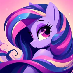 Size: 1024x1024 | Tagged: safe, ai content, derpibooru import, generator:dall-e 3, oc, oc only, earth pony, curly hair, eyelashes, long mane, looking back, multicolored mane, pink eyes, purple coat, purple eyes, purple skin, smiling
