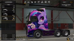 Size: 1920x1080 | Tagged: safe, derpibooru import, edit, oc, oc only, earth pony, euro truck simulator 2, looking back, multicolored mane, pink eyes, purple mane, smiling, truck