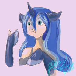 Size: 4550x4550 | Tagged: dead source, safe, artist:wolfyjacreddelicious, derpibooru import, princess luna, alicorn, anthro, pony, 2015, absurd resolution, bust, female, hooves, human to pony, looking at something, old art, simple background, solo, species swap, transformation